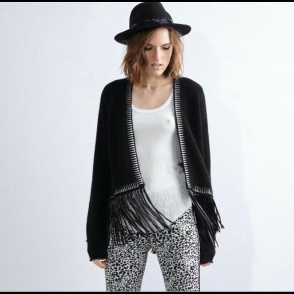 Zadig & Voltaire Marla Cashmere Leather Fringe Cardigan Sweater Black Boho M